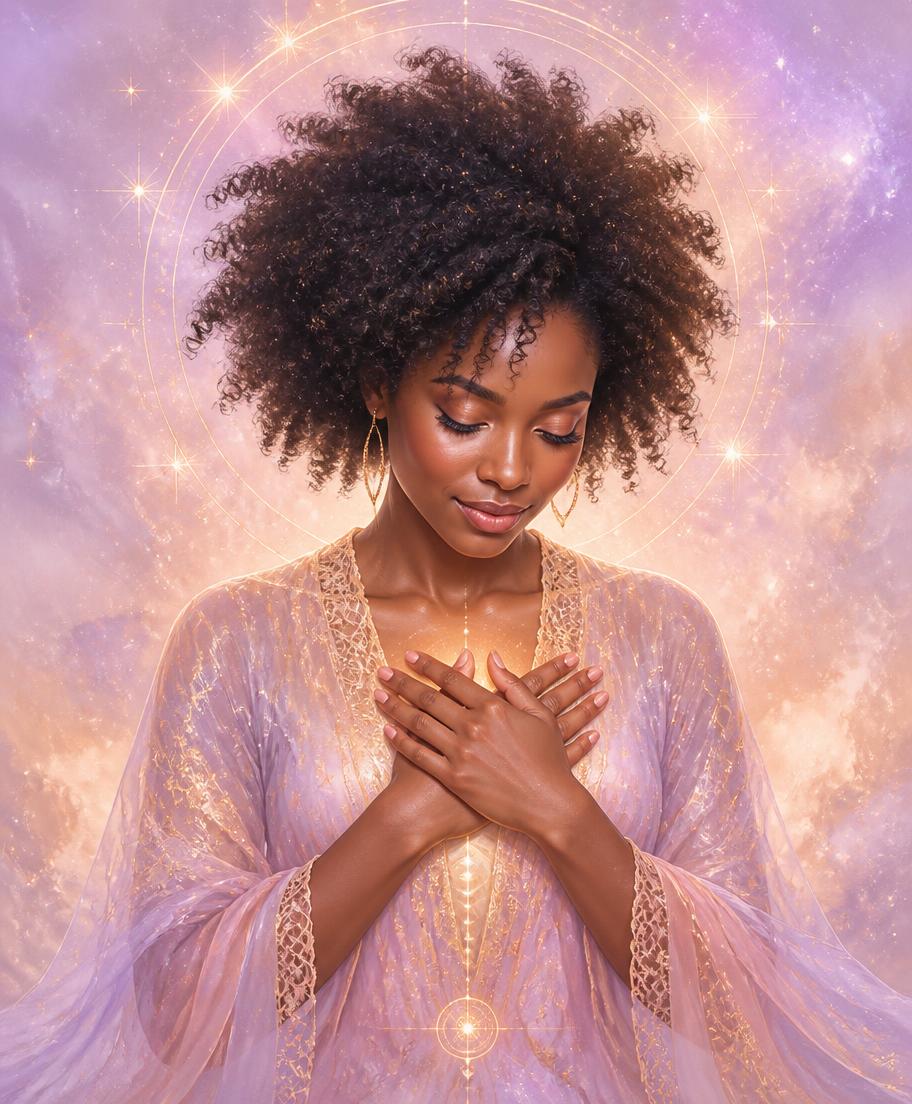 Black woman with hands over her heart, bathed in warm light